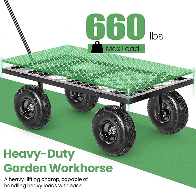 Homdox 660LB Garden Cart on Wheels, Heavy Duty Yard Wagon with 180° Rotating Handle, Mesh Foldable Garden Wagon Outdoor Utility Carts for Camping, Sports, Garden, Beach, Farm, Fishing, Black-VerdiqueGarden