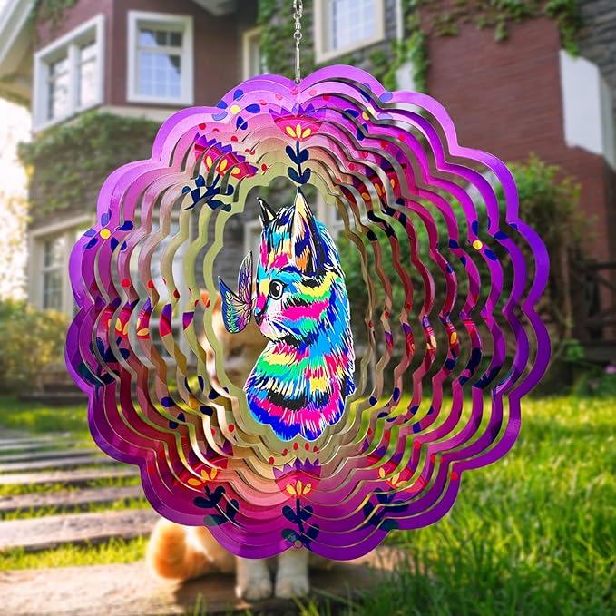 Cat Wind Spinners 3D Hanging Wind Spinner Cat Ornament Gifts for Women Mom Grandma,12inch Metal Wind Kinetic Sculpture for Outdoor&Indoor Decor, Yard Art, Garden Decoration-VerdiqueGarden