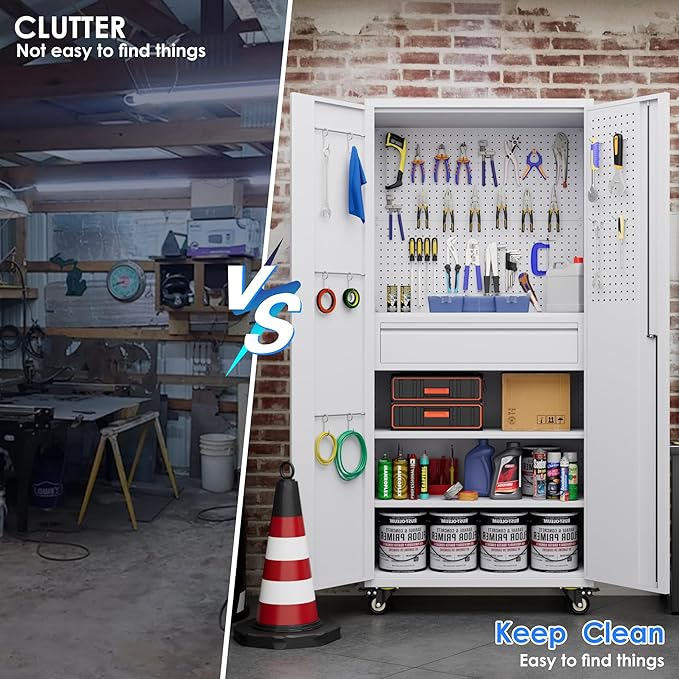 Metal Garage Cabinet with Wheels,71''H Rolling Lockable Steel Tool Cabinet with Pegboard & Drawer for Garage,Home,Office Assembly Required,White-VerdiqueGarden