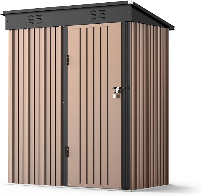 Gizoon 5' x 3' Outdoor Storage Shed with Singe Lockable Door,Galvanized Metal Shed with Air Vent Suitable for The Garden,Tiny House Storage Sheds Outdoor for Backyard Patio Lawn-Brown-VerdiqueGarden