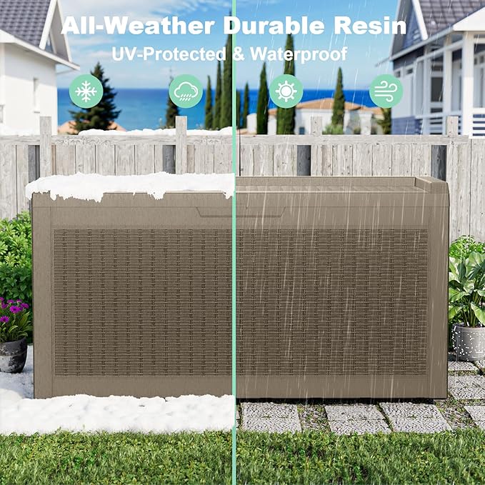 60 Gallon Resin Deck Box, Lockable Outdoor Storage Box for Patio Cushions Storage Furniture,Garden Tools, Pool Supplies, Weatherproof and UV Resistant (Grey Rattan)-VerdiqueGarden