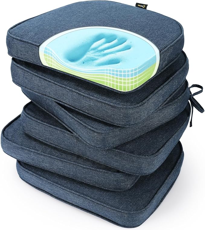 SUNROX Gel Memory Foam Chair Cushions, FadeShield Water-, Stain-Resistant Durable Reversible Seat Cushion Pads with Ties for Indoor/Outdoor Kitchen Dining Office, 17"x16", Set of 6, Heather Indigo-VerdiqueGarden