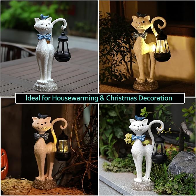 Solar Outdoor Garden Statues Light,Cat Figurines with Cute Birds Garden Sculpture Decor, Unique Christmas Gifts for Women, Men or Daughter, Housewarming Gifts and Yard Decoration-VerdiqueGarden
