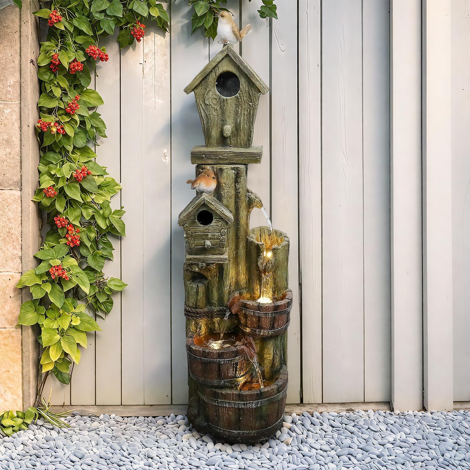 Outdoor Water Fountain with Birdhouse, 39.3inches Rustic Outdoor Water Fountains - Outdoor Cascading Waterfall with Decorative Birds & Buckets, Pump & Lights for Backyard Patio Decor-VerdiqueGarden