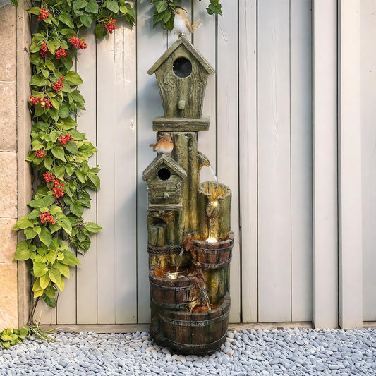 Outdoor Water Fountain with Birdhouse, 39.3inches Rustic Outdoor Water Fountains - Outdoor Cascading Waterfall with Decorative Birds & Buckets, Pump & Lights for Backyard Patio Decor-VerdiqueGarden