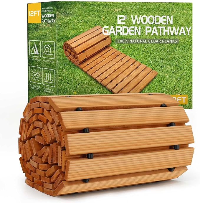 RELIANCER 12' Wooden Garden Pathway,Outdoor Roll Out Cedar Straight Walkway,Patio Path Decorative Garden Boardwalk Walkways,Weather-Resistant Roll Up Beach Wood Road Floor,Wedding Party Pathways-VerdiqueGarden