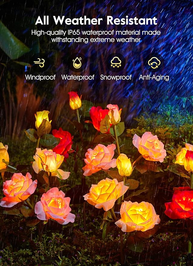 Garden 4 Pack LED Solar Flower Lights with Larger & More Realistic Rose Flowers, Bigger Solar Panel, Waterproof Solar Outdoor Lights for Yard Patio Lawn Pathway Walkway Decoration-VerdiqueGarden