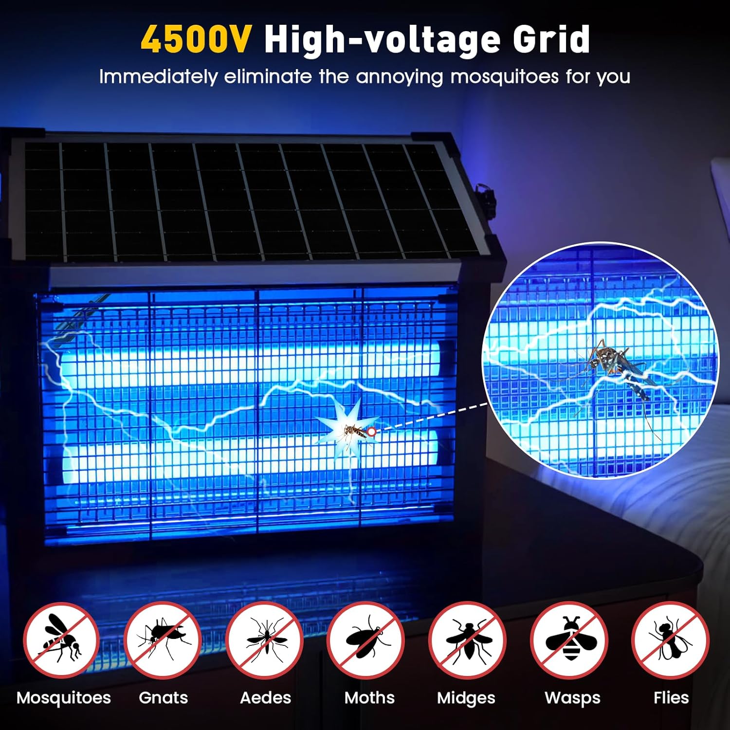 Bug Zapper Outdoor Solar Powered, Zwiran Mosquito Zapper Indoor with 4500V High Powered, Electric Fly Zapper with Extension Cord and Grounding Bracket, Rechargeable Waterproof Mosquito Killer-VerdiqueGarden