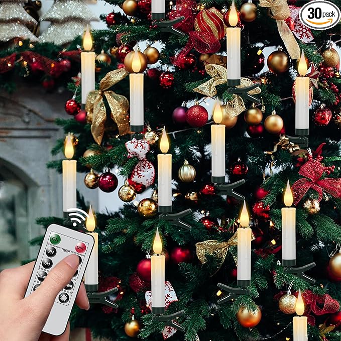 DRomance Christmas Tree Flameless Taper Candle Lights Battery Operated with 10-Key Remote and Timer, 30 Pack Plastic 3D Wick Flickering LED Taper Candles Multi-Using Home Garden Holiday Decor 3.4"-VerdiqueGarden