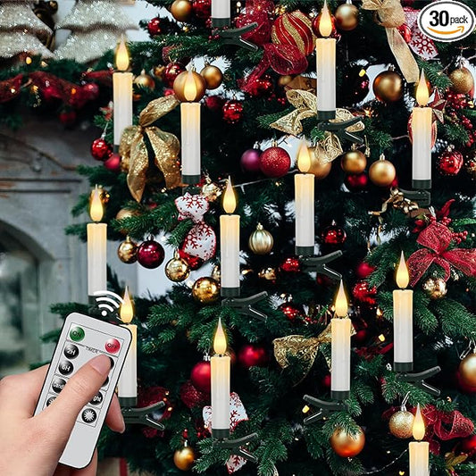 DRomance Christmas Tree Flameless Taper Candle Lights Battery Operated with 10-Key Remote and Timer, 30 Pack Plastic 3D Wick Flickering LED Taper Candles Multi-Using Home Garden Holiday Decor 3.4"-VerdiqueGarden