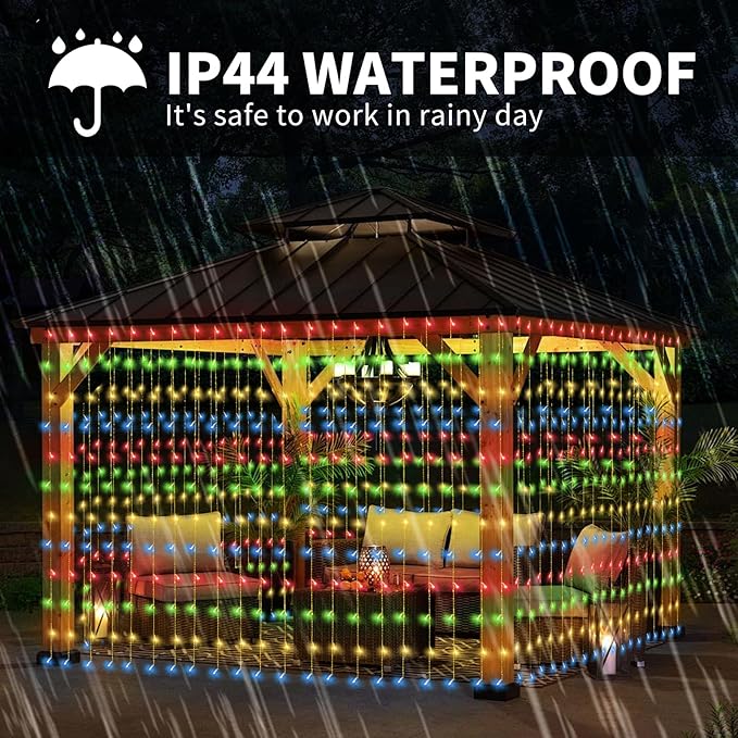 32.8 * 6.56FT Large Size Solar Curtain Lights Outdoor, 8 Modes String Icicle Lights, Garden Christmas Decortions for Patio, Gazebo, Eaves, Fence, Tree, Porch (Multicolor)-VerdiqueGarden