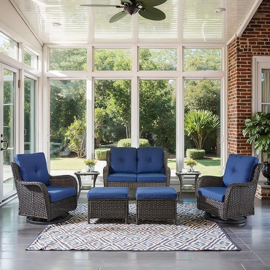 Outdoor Patio Furniture Set - 7 Piece Brown Wicker Conversation Patio Furniture Set All Weather Swivel Chairs with Ottoman and Loveseat Glider Chair for Deck Balcony Backyard-VerdiqueGarden