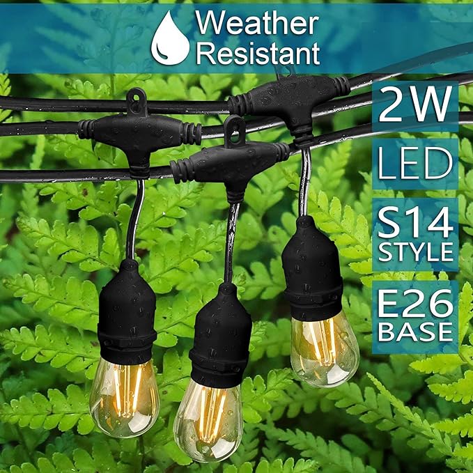 Banord Outdoor String Lights Commercial Grade 96ft Waterproof with 30 S14 Shatterproof Dimmable LED Bulbs, Heavy Duty Hanging Lights for Patio Garden Backyard Decoration, 2W 2x48ft Strands-VerdiqueGarden