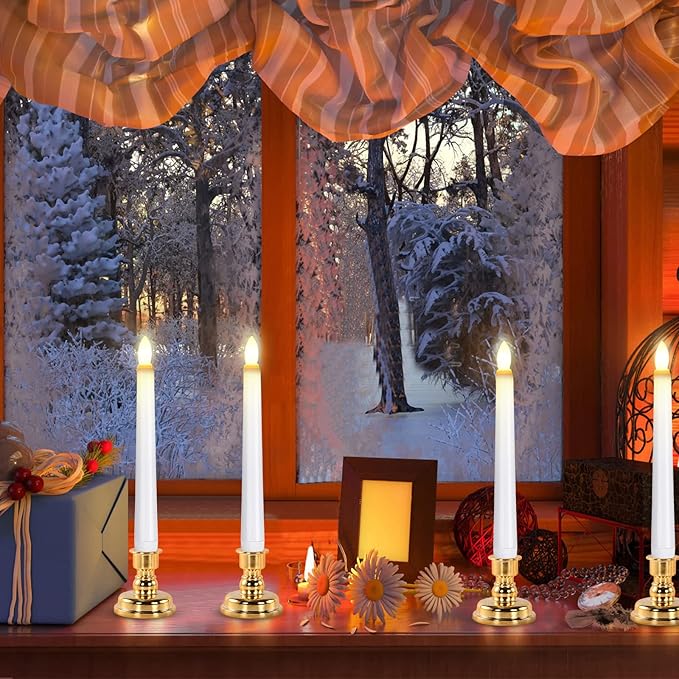 JOSU Taper Battery Operated Candles: 8PCS Flickering Flameless Candles with Timer - 3D Wick Fake Window Candle Outdoor +8 Gold Candlesticks, for Home Decor & Festival Celebration-VerdiqueGarden