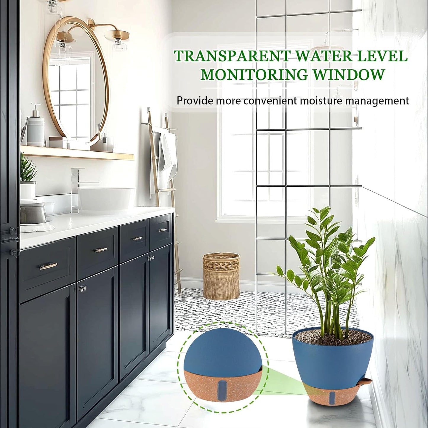 2 Pack 10 inch Plant Pots, Plastic Self Watering Planters with Drainage Holes, Deep Reservoir, Water Level Indicator, Modern Decorative Flower Pots for Indoor Outdoor Plants (Navy Blue, 10 inch)-VerdiqueGarden