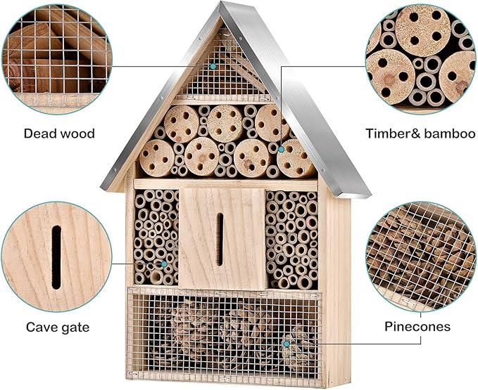 Wooden Mason Insect Bee Butterfly House,Insect Hotel,an Outdoor Hanging Bamboo Habitat for Bee Butterfly Ladybugs Live,Bee Box,Butterfly Habitat for Garden,9 x 15.7 x 2.5 Inch-VerdiqueGarden