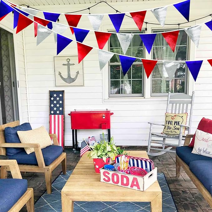 Red Blue Silver Party Decorations Metallic Fabric Triangle Pennant Banner Flag Bunting Garland for Graduations 4th of July American USA National Day Patriotic Veterans Birthday Outdoor Party Supplies-VerdiqueGarden