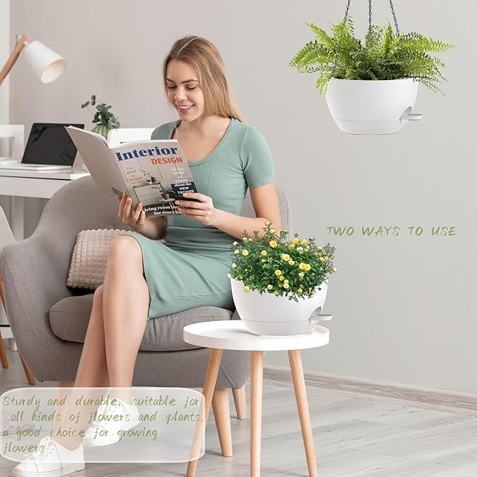 12 Inch Hanging Baskets 2 PC with Chains, Self-Watering Hanging Planters for Indoor Outdoor Plants, Plastic Hanging Flower Pots,White-VerdiqueGarden