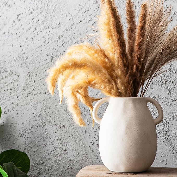 Kimdio White Ceramic Vase with 2 Handles – Sand-Glazed Clay Pottery Vase for Dried Flowers, Rustic Modern Table Decor, Farmhouse Boho Shelf Decoration-VerdiqueGarden