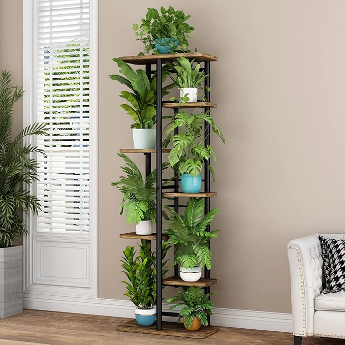 LINZINAR Plant Stand 7 Tier 8 Potted Multiple Flower Pot Holder Shelf Indoor Outdoor Planter Rack Storage Organizer for Patio Garden Corner Balcony Living Room (7 Tier-8 Potted, Black)-VerdiqueGarden