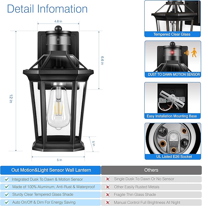 VIANIS Black 2 Pack Outdoor Lights for House, Dusk to Dawn Porch Light Lantern, Exterior Lighting for House Wall Mount, Motion Sensor Light Outside for Garage, Brightness Distance Adjustable-VerdiqueGarden