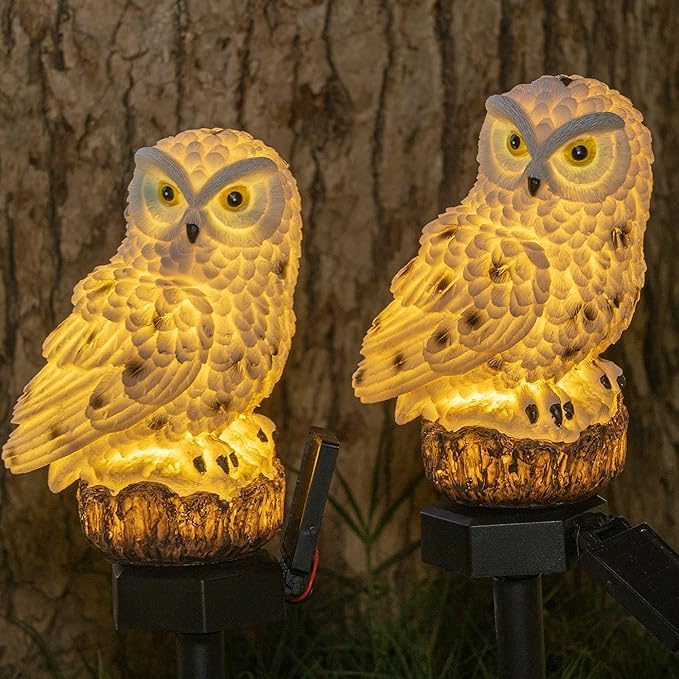 Dazzle Bright 2 Pack Owl Figure Solar LED Lights, Resin Garden Waterproof Decorations with Stake for Outdoor Yard Pathway Outside Patio Lawn Decor to Scare Birds Away, Gifts for Women, Owl Lovers-VerdiqueGarden