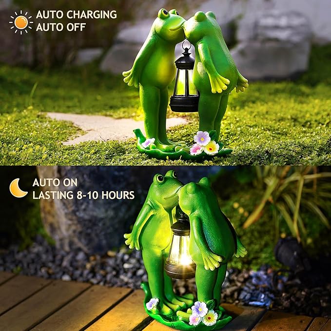 Solar Frogs Statue for Easter Garden Decor Solar Lantern LED Outdoor Decoration Figurines for Porch Patio,Yard,Lawn - Frog Gifts for Women Mom Grandma Wife (Kiss Frog)-VerdiqueGarden