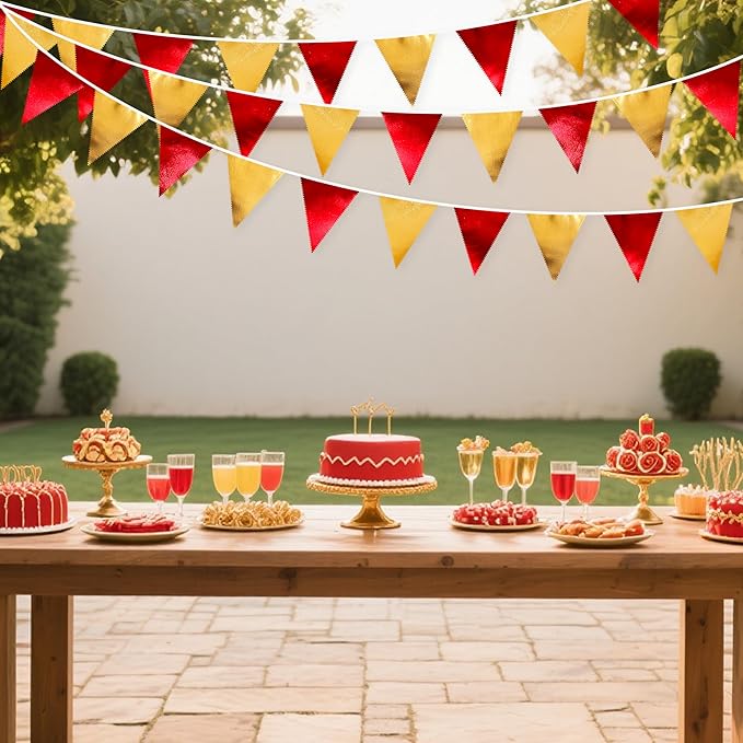 Red Gold Party Decorations Metallic Fabric Triangle Pennant Banner Flag Bunting Garland for Graduation Birthday Wedding Bachelorette Anniversary Baby Shower Christmas Holiday New Year Party Supplies-VerdiqueGarden