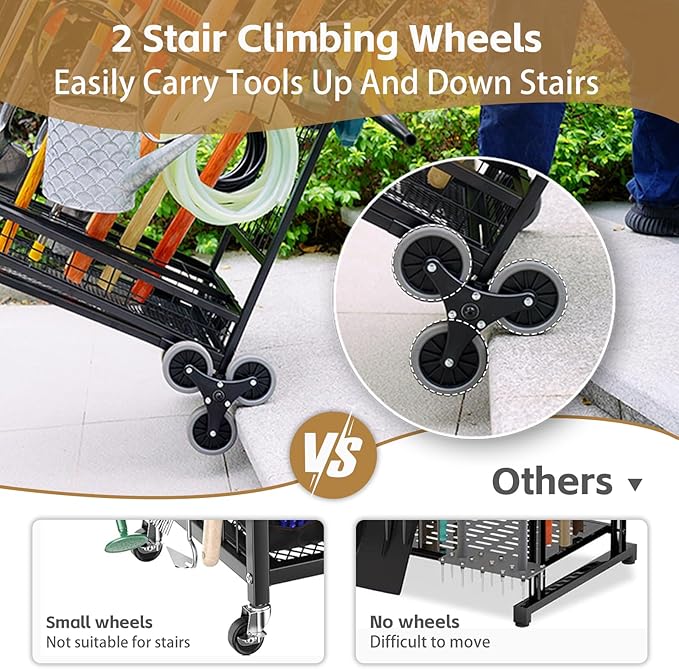 Lauren&Harold Garden Tool Organizer for Garage, Yard Tools Storage Rack with 2 Stair-Climbing Wheels, Gardening Tool Storage Holder for Garage, Yard, Lawn and Outdoor, Garden Tool Rolling Cart-VerdiqueGarden