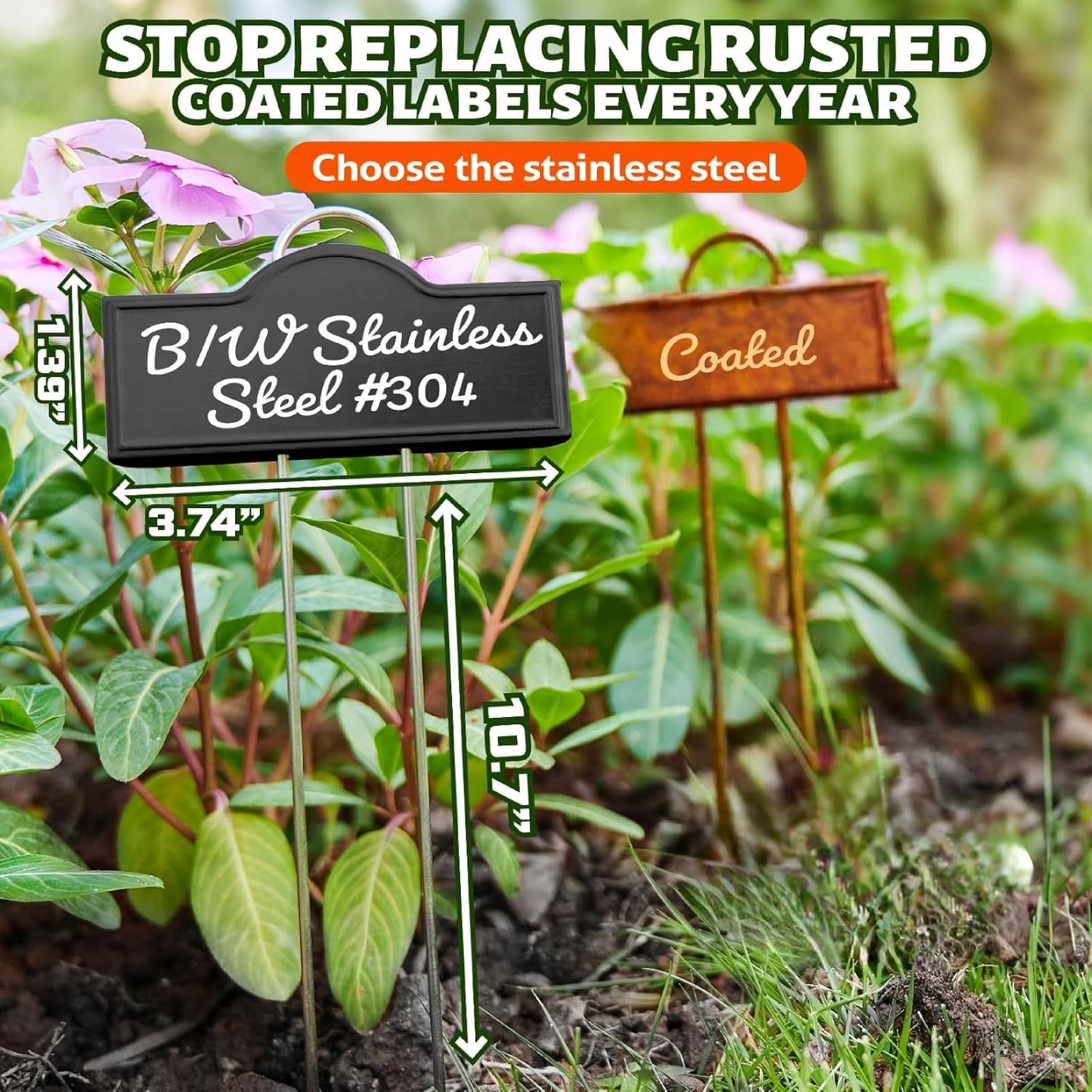 Stainless Steel 304 Plant Labels Weatherproof, Metal Garden Label Tall Markers 25 Pack for Outdoor Plants Vegetables Herb Seedlings Flowers with a Pen, Label Area 3.74'' x 1.39'' Height 10.75 Inch-VerdiqueGarden