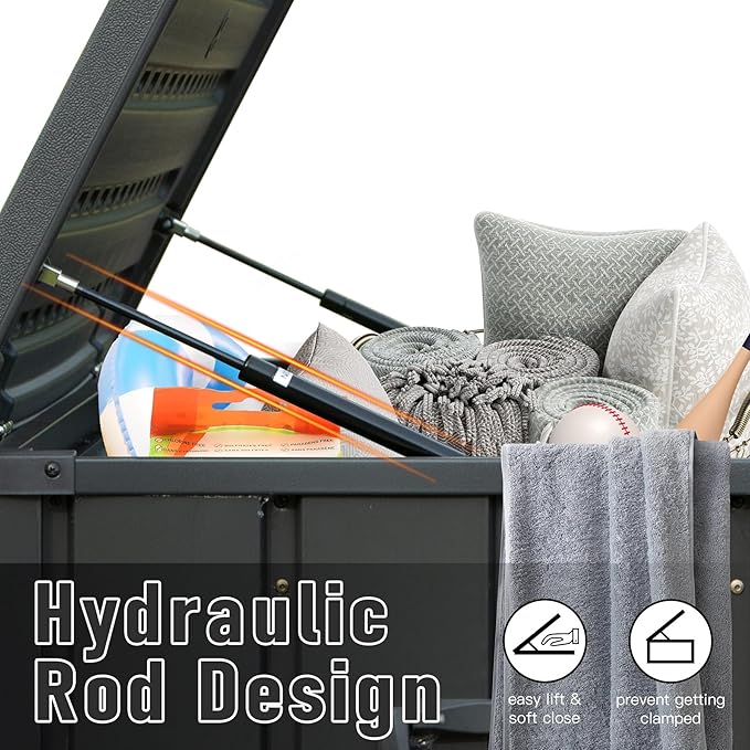 Domi Outdoor Deck Box 100 Gallon, Waterproof Lockable Steel Outdoor Storage Container with Resin Lid for Outside Cushions, Garden Tools and Pools Equipment (Gray)-VerdiqueGarden