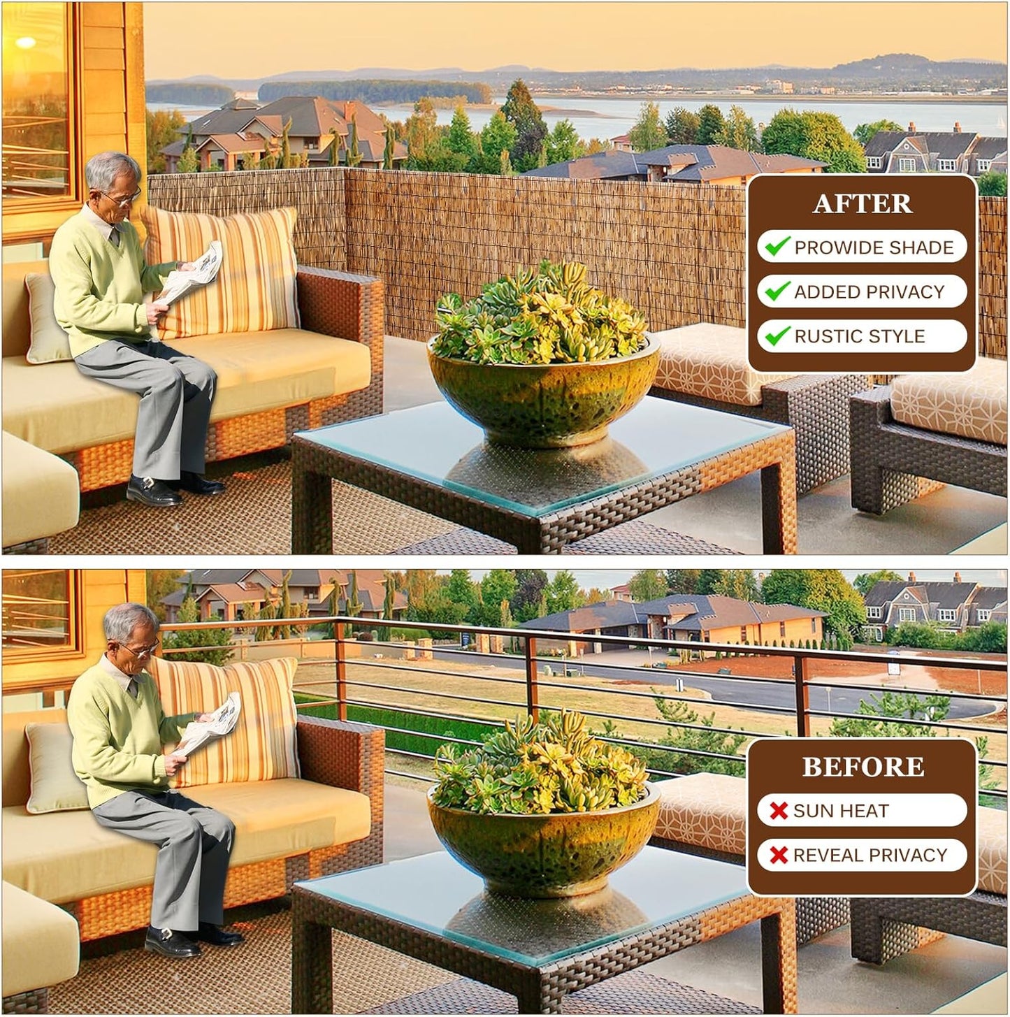 Natural Reed Fencing Rolls: Privacy Bamboo Fence 3/4/5/6ft High Roll Reed Screen, Decorative Bamboo Fencing for Outdoor Balcony Patio Garden Backyard,with Cable Zip Ties(Coffee, 4x10ft)-VerdiqueGarden