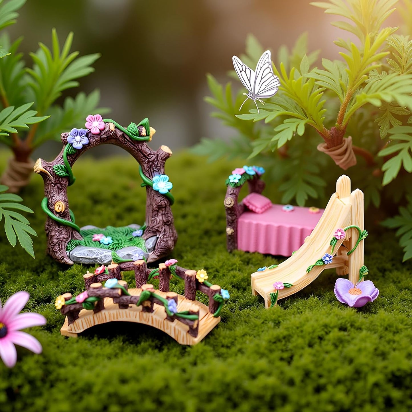 Kai Dream Miniature Fairy Garden Accessories Set, 4 Piece Resin Decorative Landscape Kit with Arch, Bridge, Bed and Slide, Floral Garden Ornaments-VerdiqueGarden