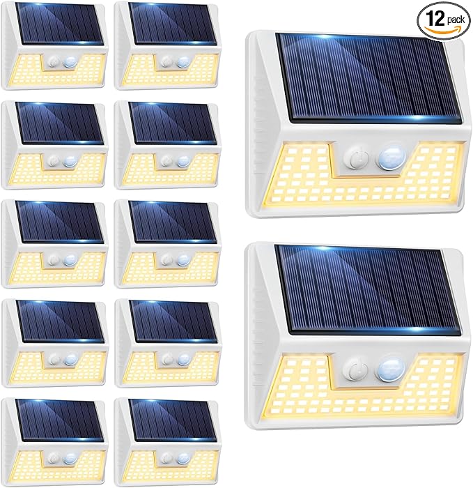 12 Pack Solar Lights Outdoor Motion Sensor, Waterproof Fence Lights with 3 Lighting Mode, Warm White LED Deck Lights for Outside Wall Yard Steps Stairs Garden - White-VerdiqueGarden