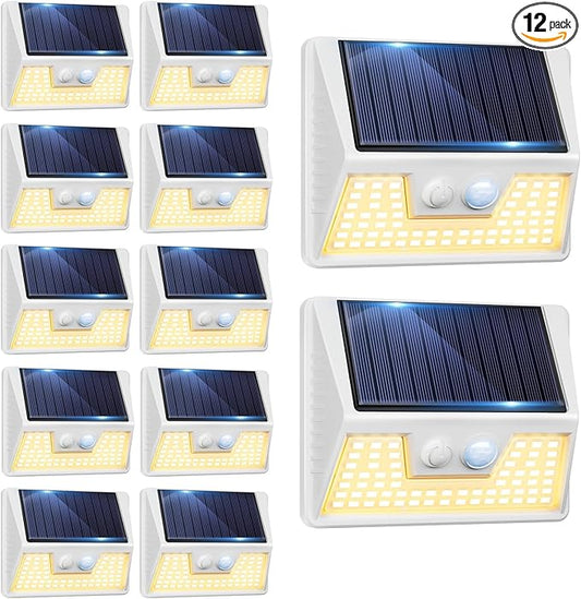 12 Pack Solar Lights Outdoor Motion Sensor, Waterproof Fence Lights with 3 Lighting Mode, Warm White LED Deck Lights for Outside Wall Yard Steps Stairs Garden - White-VerdiqueGarden