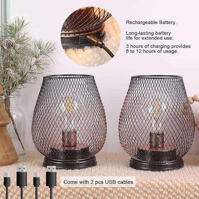 DECORKEY Set of 2 Rechargeable LED Table Lantern, Brown Metal Cage Cordless Lamps with LED Bulb，Vintage Decorative Outdoor Lantern for Weddings, Parties, Patio, Events for Indoors Shelf Decor-VerdiqueGarden