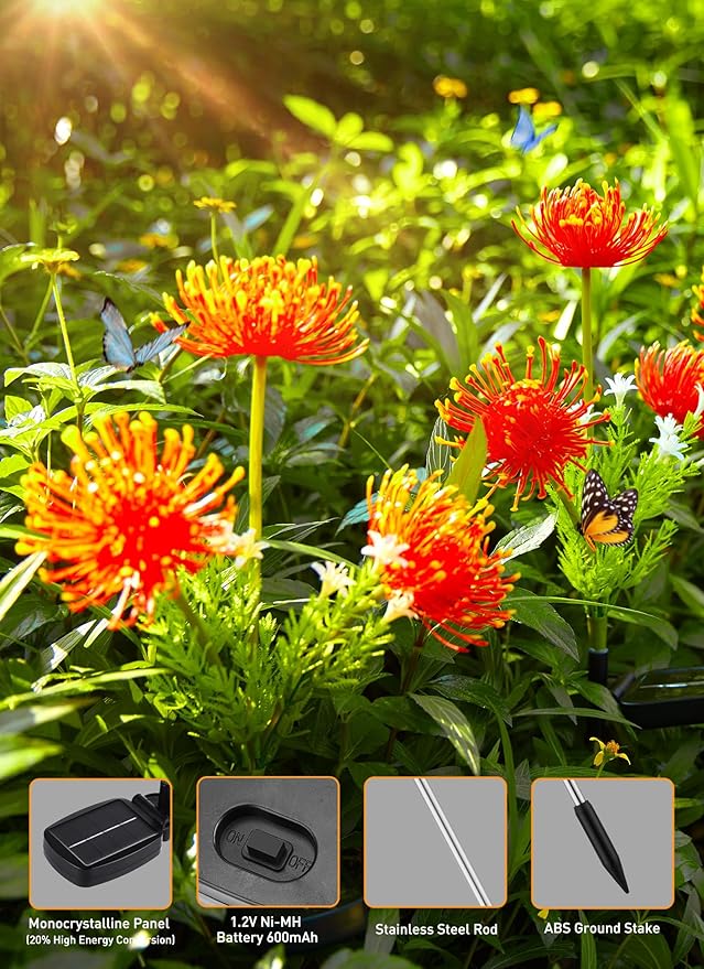 Brightown Outdoor Solar Garden Lights - 4 Pack LED Flower Lights with Glowing Flowers & Stems, Realistic, Bigger Solar Panel, Waterproof for Outside Yard Patio Home, Red-VerdiqueGarden