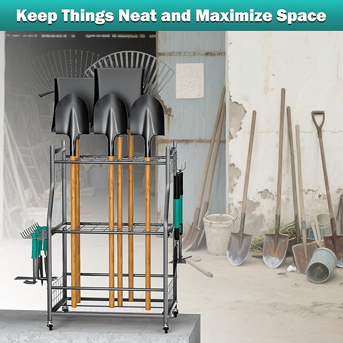 EVERHANGER Garden Tool Organizer Stand, Garage Tool Storage Organization, Yard Tool Racks with lockable wheels, Fit for Long-Handled Tools/Rakes/Brooms, Indoor/Outdoor Use-VerdiqueGarden