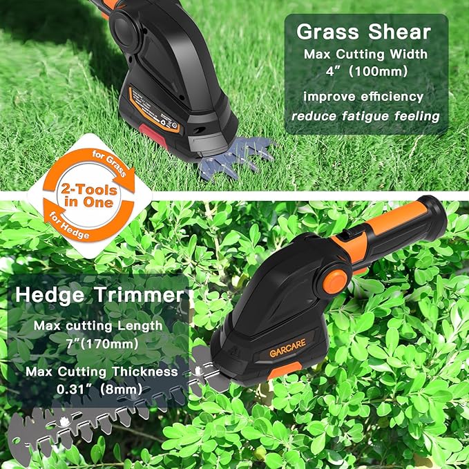 GARCARE 2 in 1 Grass Shear Cordless 7.2V Bush Timmer Handheld Grass Cutter for Shrub, Garden and Lawn Built-in 1500mAh Lithium Battery with 60min Fast Charger-VerdiqueGarden