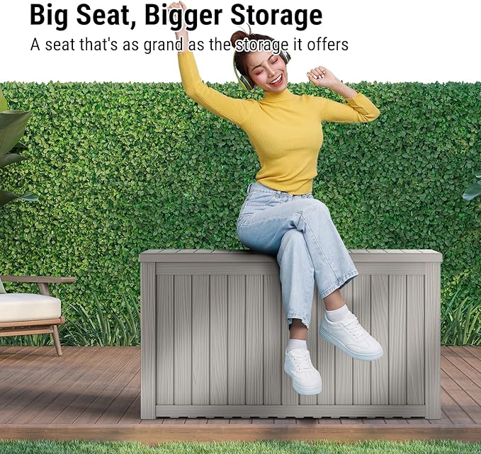 Mars Villa 180 Gallon Outdoor Storage Box Waterproof, Extra Large Resin Deck Box, Outside Storage Bin for Patio Furniture Cushions, Pool Supplies, Sports Gear, UV Resistant and Weatherproof, Greige-VerdiqueGarden