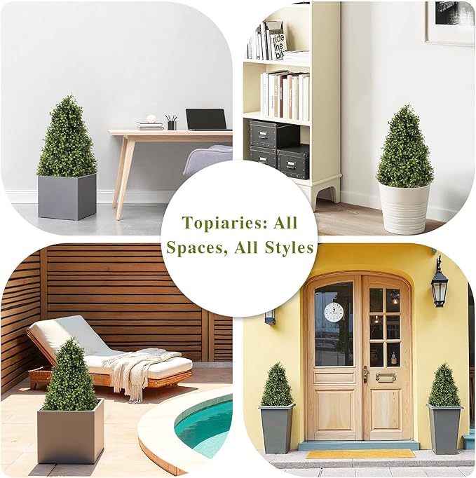 30" Artificial Boxwood Topiary Trees Outdoor Set of 2 - UV Resistant Faux Plants for Front Porch Outside Planter, Realistic Fake Cone-Shaped Bushes & Shrubs 2.5ft-VerdiqueGarden