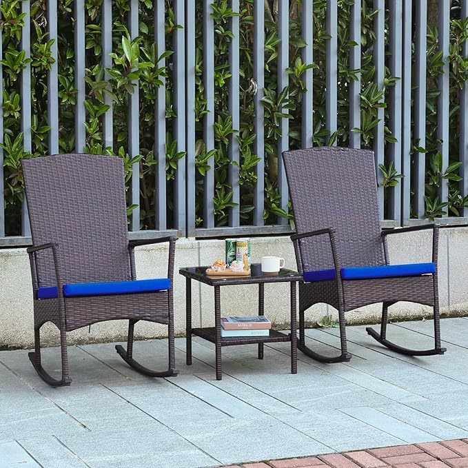 Outdoor Rocking Chairs Set - 3 High-Backed Patio Rockers with Bistro Table & Anti-Slip Cushions, Dark Blue-VerdiqueGarden