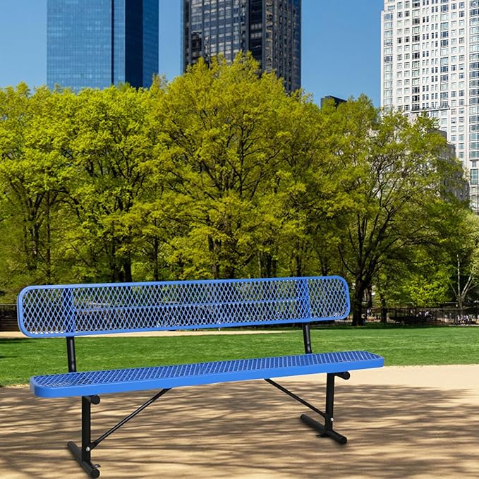 8FT Heavy Duty Park Bench with Back Portable Frame, Outdoor Steel Bench with Backrest, Outdoor Park Bench Expanded Metal Mesh Bench for Lawn, Park, Deck, Garden, Patio, Porch, Black (Blue, 8FT)-VerdiqueGarden
