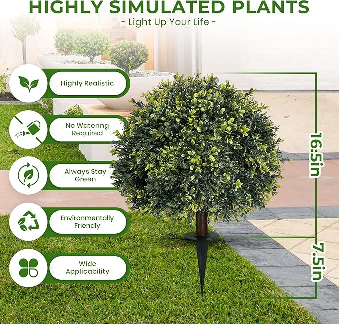 ICX 2 Pack 24" Artificial Boxwood Topiary Ball Trees with Ground Spike,Artificial Plants Outdoor,Fake Bushes & Shrubs for Porch, Garden, Front Porch Decor - Indoor/Outdoor Faux Plants-VerdiqueGarden
