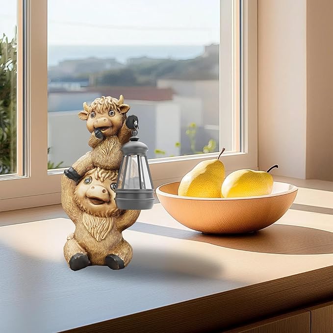 Highland Cow Statues with Solar Lights, Highland Cow Resin Figurine Lights, Highland Cow Ornaments for Patio, Balcony, Indoor Decoration and as Gifts-VerdiqueGarden