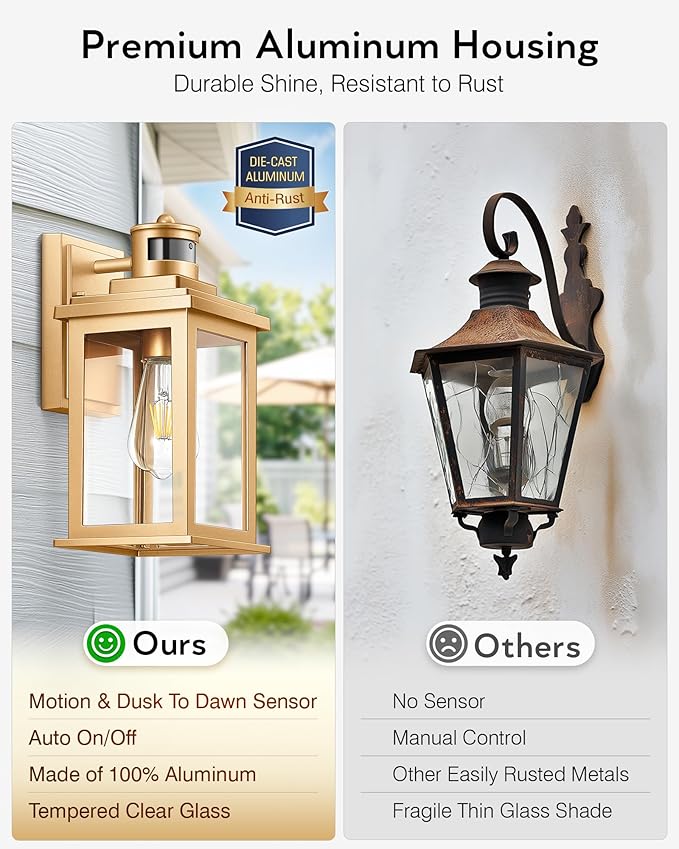 VIANIS Motion Sensor Outdoor Wall Lights Sconce, 2 Pack Dusk to Dawn Outdoor Light Fixture, Gold Waterproof Outdoor Motion Sensor Light for House, Doorway, Entryway, Garden,Hardwired, Non-Solar-VerdiqueGarden