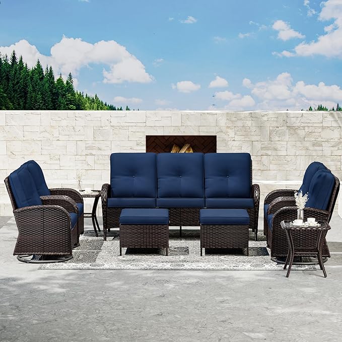 Joyside 9 Piece Patio Furniture Set, Outdoor Wicker Conversation Sets with Swivel Rocker Chairs and Sofa, Thick Cushion, Rattan Patio Sectional for Porch, Deck Use (Brown/Blue, 9 PCS)-VerdiqueGarden
