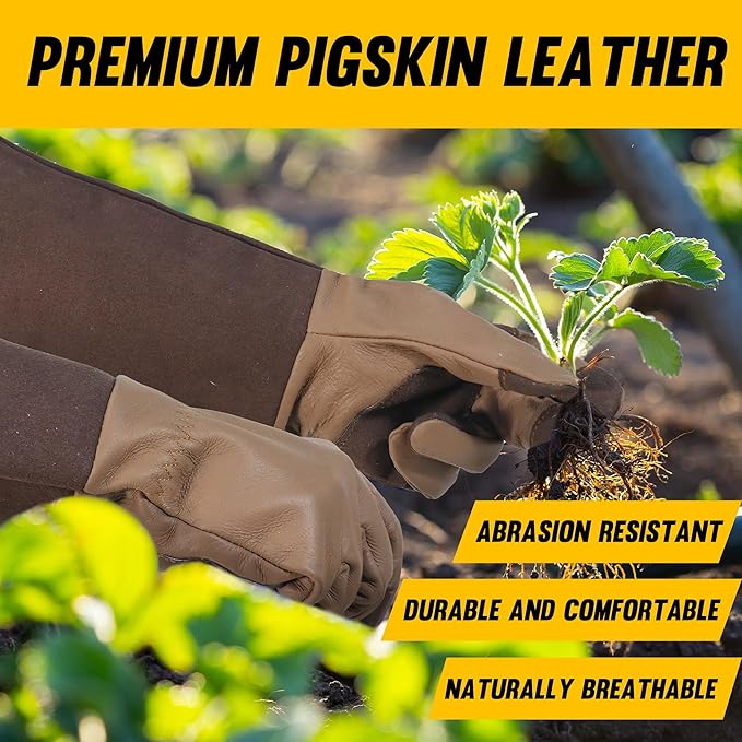 HANDLANDY Long Gardening Gloves for Men & Women, Cowhide Leather Rose Pruning Gloves- Breathable & Durable Gauntlet Glove (Large, Brown)-VerdiqueGarden
