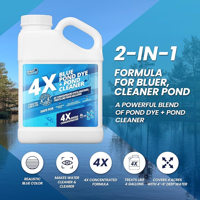 1 Gallon 4X Blue Pond Dye + Pond Cleaner, Blue Dye for Ponds and Lakes, 2-in-1 Lake Colorant + Enzymes, Makes Murky Water Clean & Beautiful, Keeps The Water Cool, Clear, and Ideal for Fish & Wildlife-VerdiqueGarden