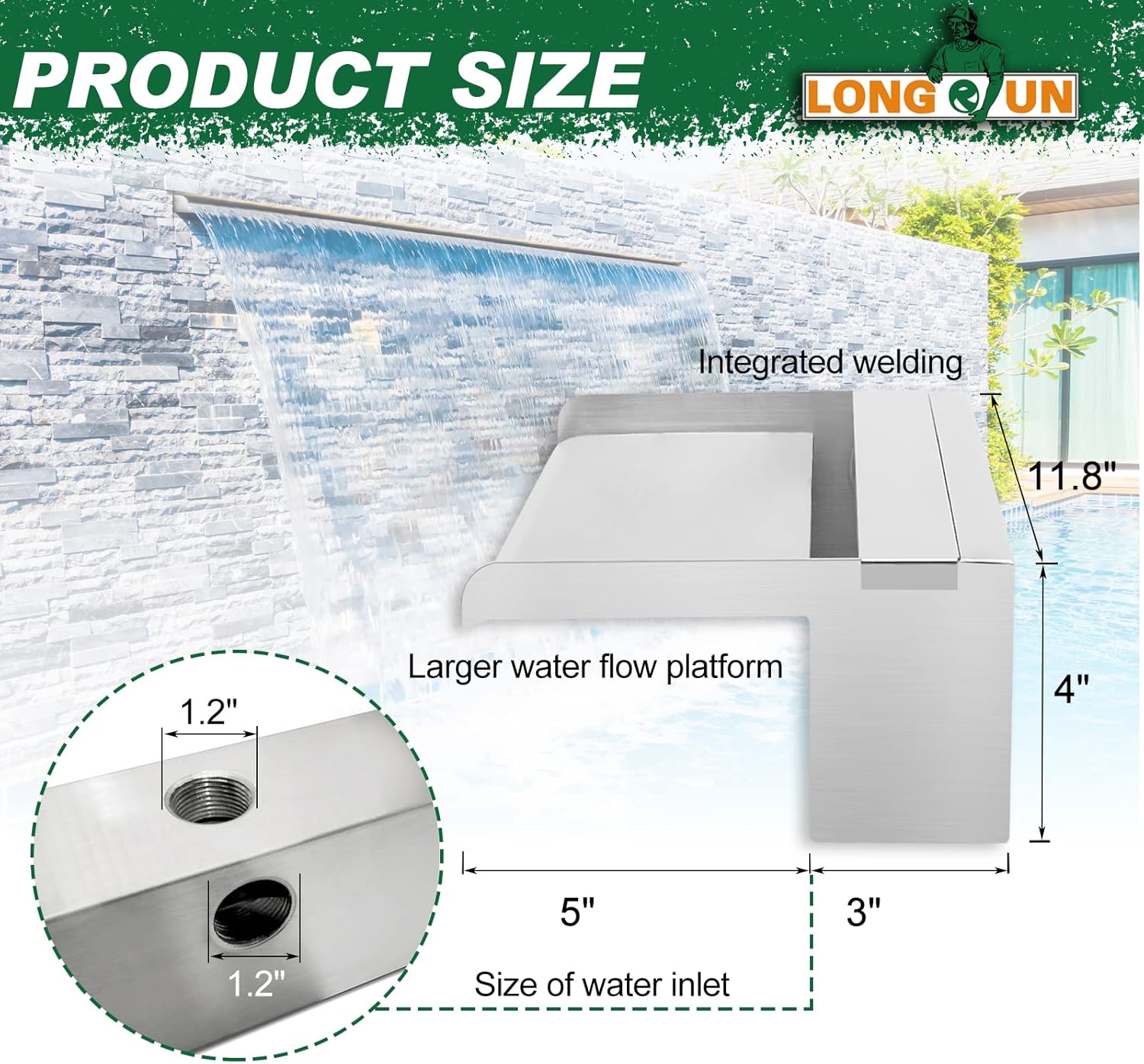 LONGRUN Stainless Steel Waterfall Spillway, APP Control Multi-Color LED Light Outdoor Pool Fountain, Water Spillway Koi Pond Waterfalls Fountains Kit for Garden Patio Swimming Pool Decoration-11.8"-VerdiqueGarden